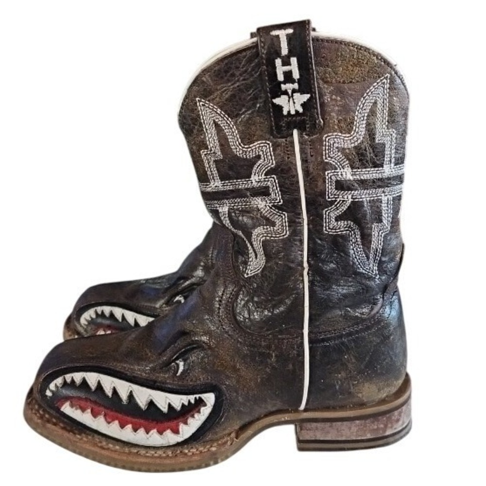 Tin Haul Kids Sharky Brown Leather Western Cowboy Boots Size 6 14-12-0297-712